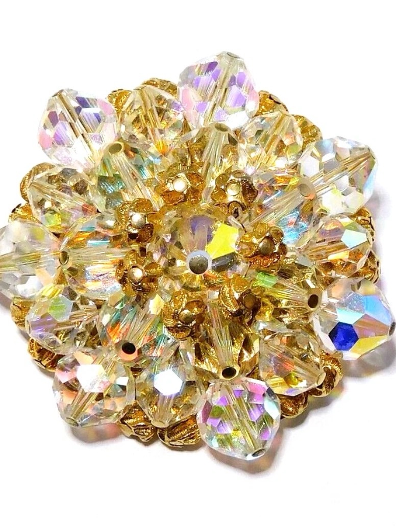 Vendome Crystal Dazzling Clear Beads With Gold Accents Cluster Brooch Signed